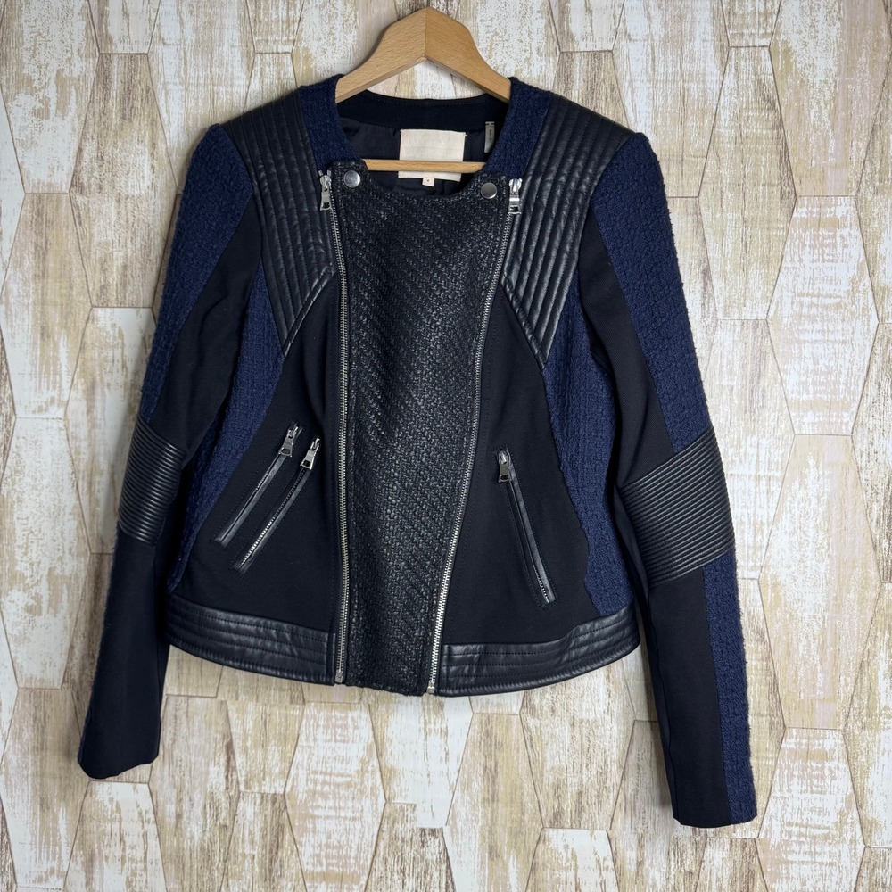 Rebecca Taylor Mixed Media Moto Jacket Black Blue‎ Tweed Faux Leather Sz 4